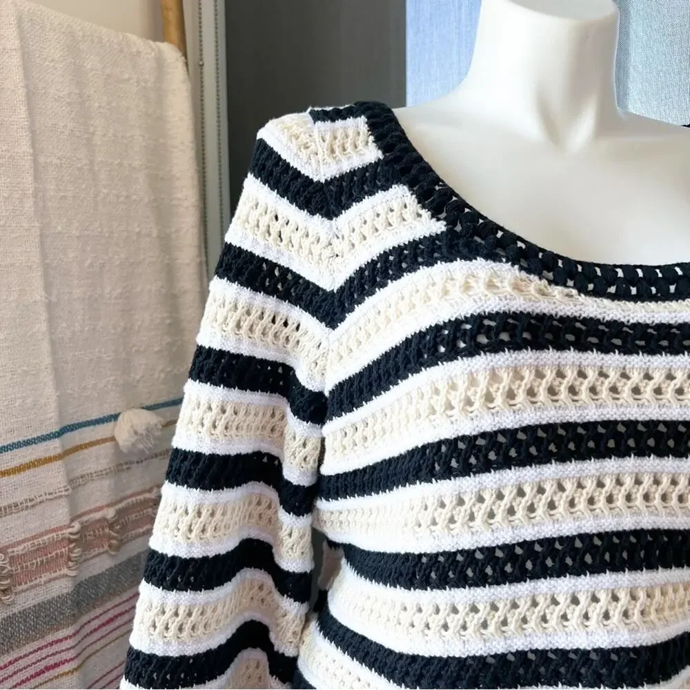 Apiece Apart Black White Striped Open Crochet Knit Slouchy Pullover Sweater XL - Picture 2 of 9